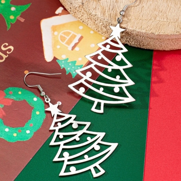 Festive Christmas Tree Earrings Silver Tone - Picture 5 of 8